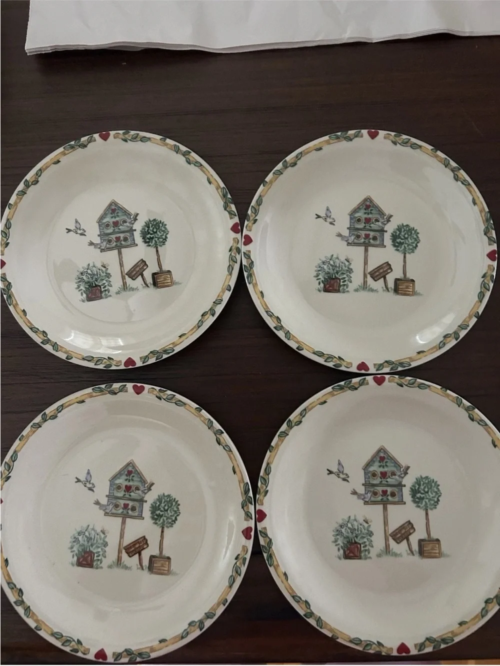 Thompson China White Ceramic with Birdhouse Garden Motif